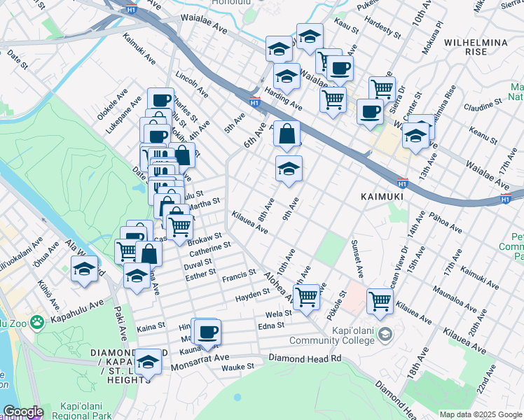 map of restaurants, bars, coffee shops, grocery stores, and more near 717 8th Avenue in Honolulu