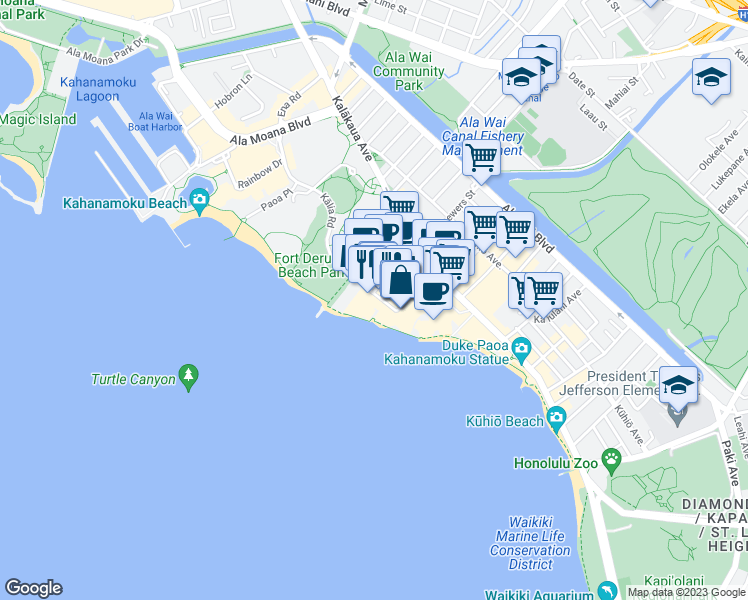 map of restaurants, bars, coffee shops, grocery stores, and more near 2169 Kalia Road in Honolulu