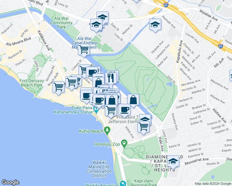 map of restaurants, bars, coffee shops, grocery stores, and more near 2421 Tusitala Street in Honolulu
