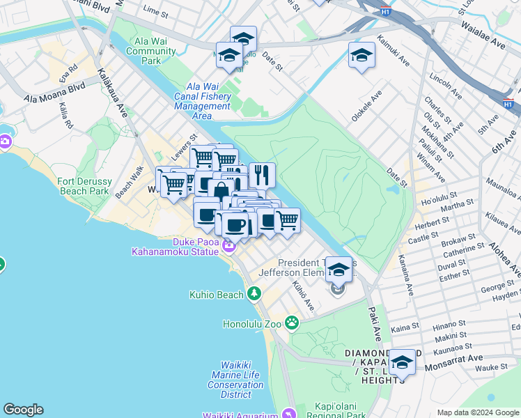 map of restaurants, bars, coffee shops, grocery stores, and more near 209 Kaʻiulani Avenue in Honolulu