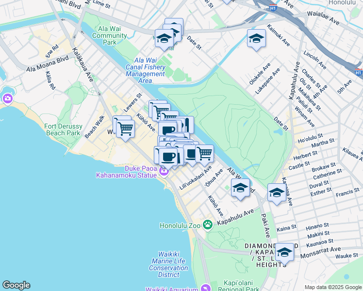 map of restaurants, bars, coffee shops, grocery stores, and more near in Honolulu