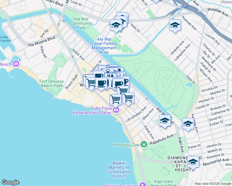 map of restaurants, bars, coffee shops, grocery stores, and more near 2345 Kuhio Avenue in Honolulu