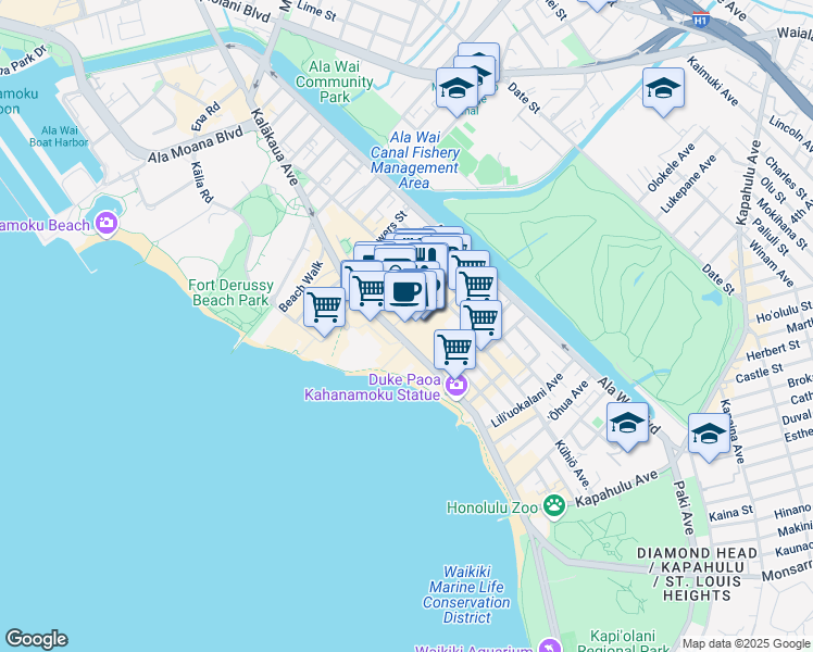 map of restaurants, bars, coffee shops, grocery stores, and more near 333 Seaside Avenue in Honolulu