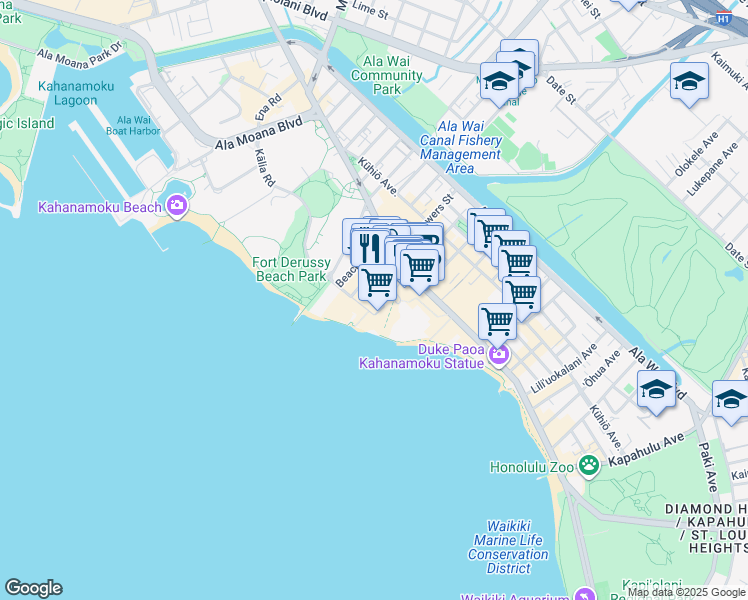 map of restaurants, bars, coffee shops, grocery stores, and more near 2201 Kalakaua Avenue in Honolulu