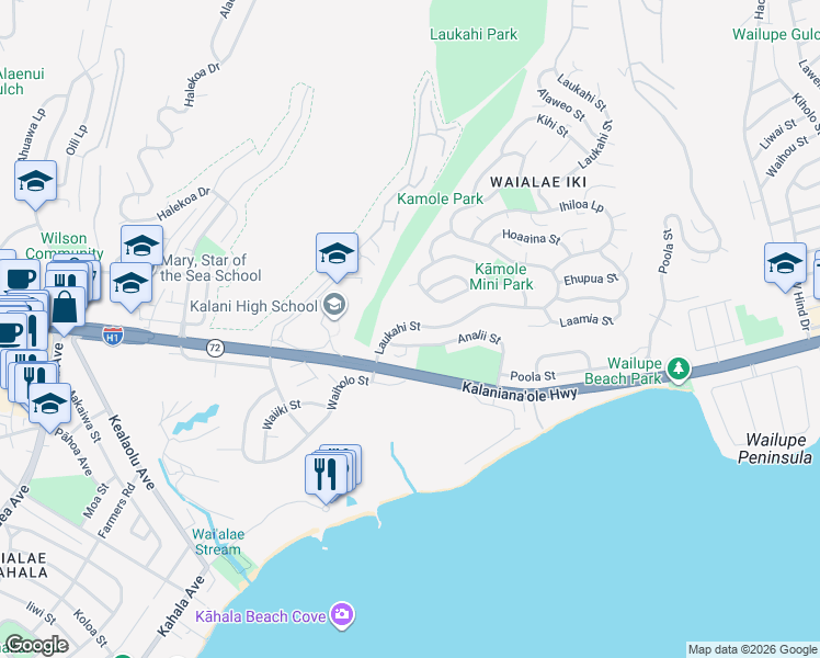 map of restaurants, bars, coffee shops, grocery stores, and more near 1259 Laukahi Street in Honolulu
