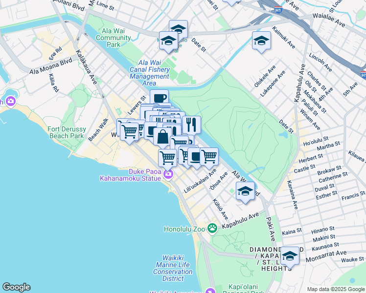 map of restaurants, bars, coffee shops, grocery stores, and more near 2380 Kuhio Avenue in Honolulu