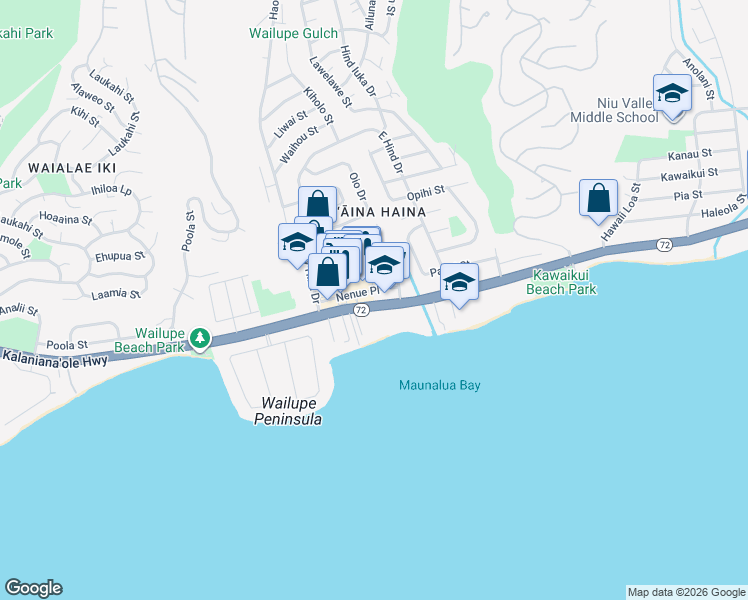 map of restaurants, bars, coffee shops, grocery stores, and more near Nenue Place in Honolulu