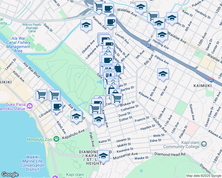 map of restaurants, bars, coffee shops, grocery stores, and more near in Honolulu