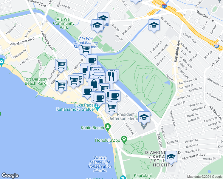 map of restaurants, bars, coffee shops, grocery stores, and more near 435 Walina Street in Honolulu