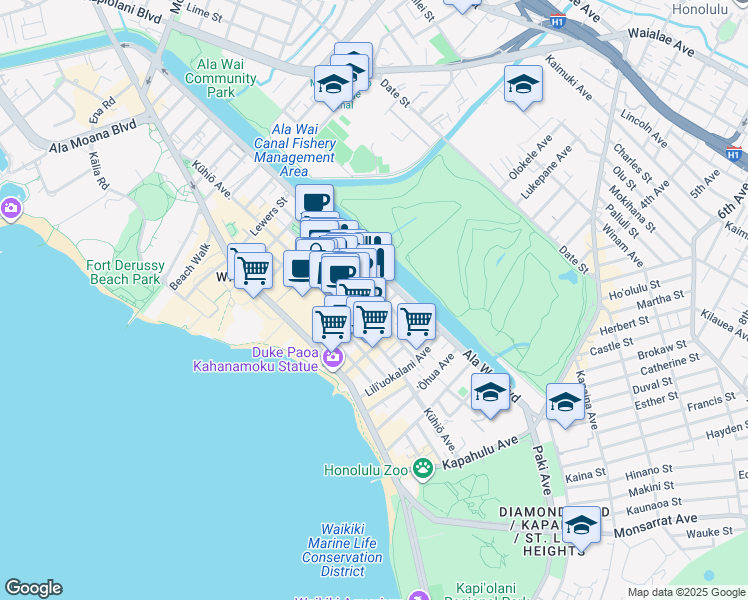 map of restaurants, bars, coffee shops, grocery stores, and more near 435 Walina Street in Honolulu