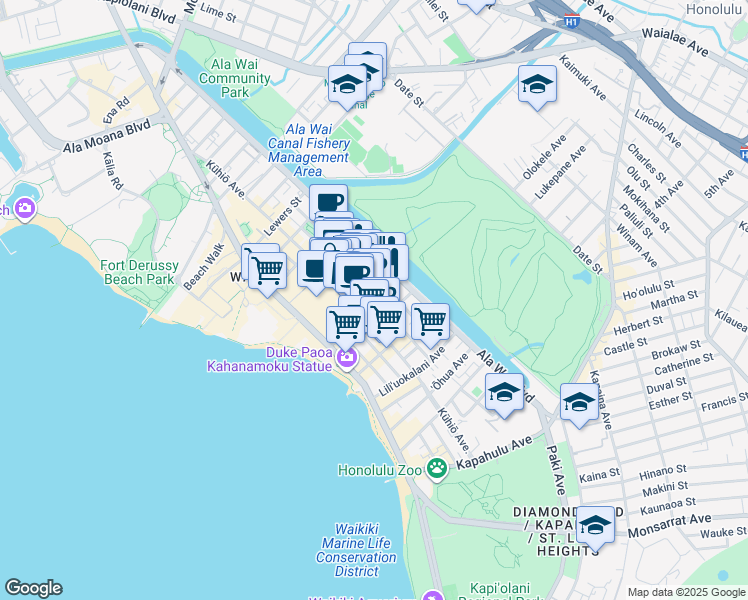 map of restaurants, bars, coffee shops, grocery stores, and more near 435 Walina Street in Honolulu