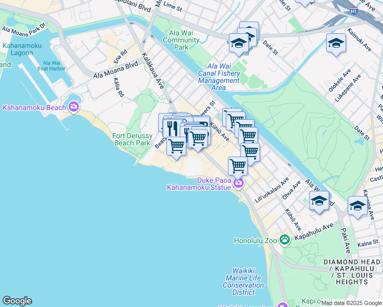 map of restaurants, bars, coffee shops, grocery stores, and more near 2233 Kalākaua Avenue in Honolulu
