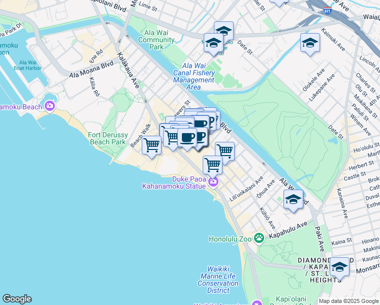 map of restaurants, bars, coffee shops, grocery stores, and more near 2300 Kalakaua Avenue in Honolulu