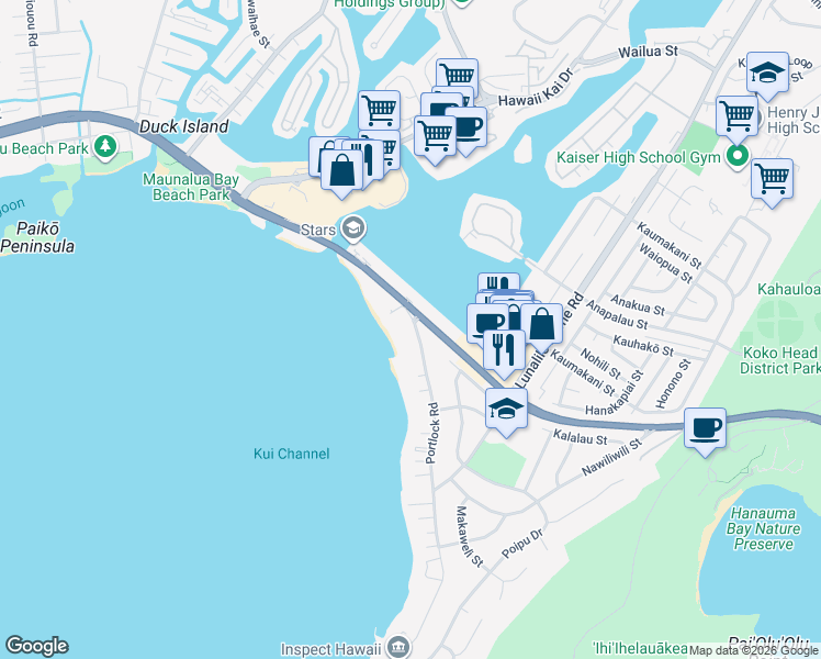 map of restaurants, bars, coffee shops, grocery stores, and more near 7046 Kalanianaʻole Highway in Honolulu