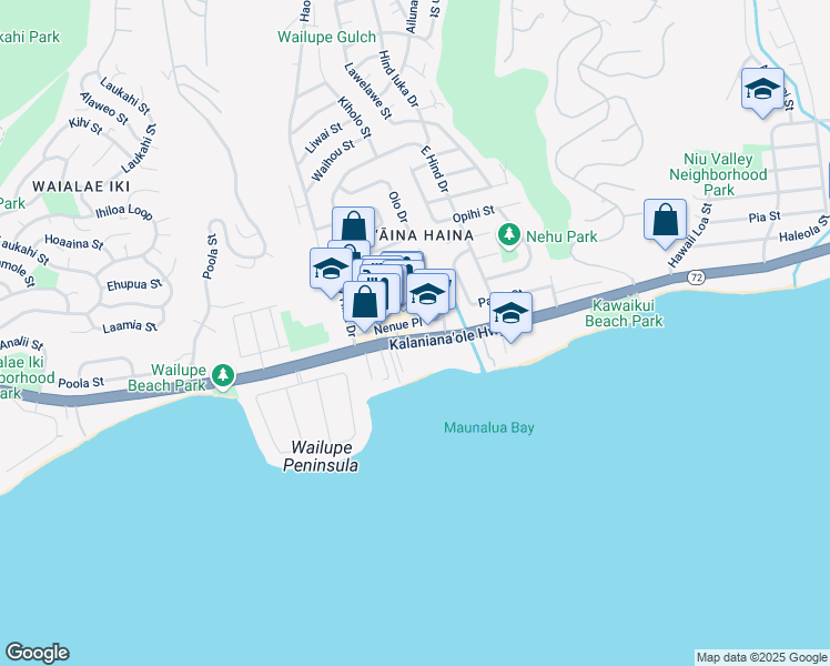 map of restaurants, bars, coffee shops, grocery stores, and more near Nenue Place in Honolulu