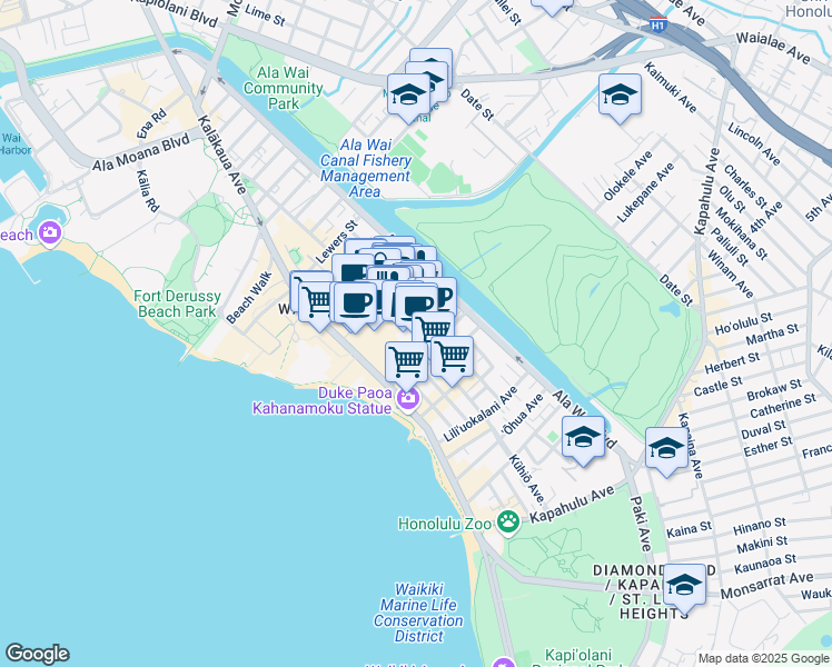 Kuhio Ave Walina St Honolulu Hi Walk Score Map Of Restaurants Bars Coffee S Grocery Ore Near Kuhio