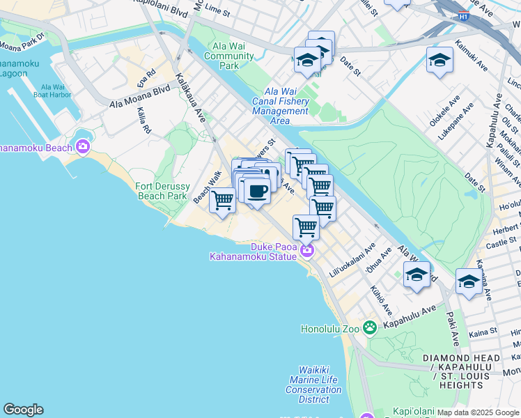 map of restaurants, bars, coffee shops, grocery stores, and more near Kalakaua Avenue in Honolulu