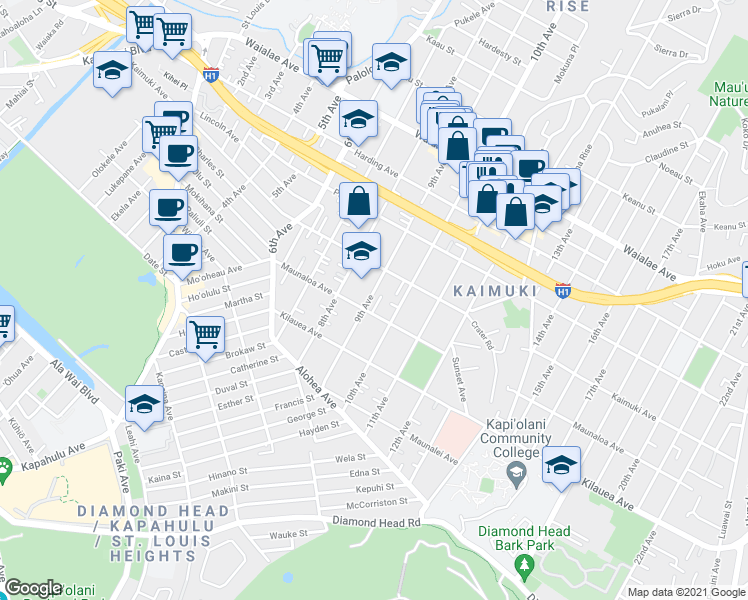map of restaurants, bars, coffee shops, grocery stores, and more near 3430 Maunaloa Avenue in Honolulu