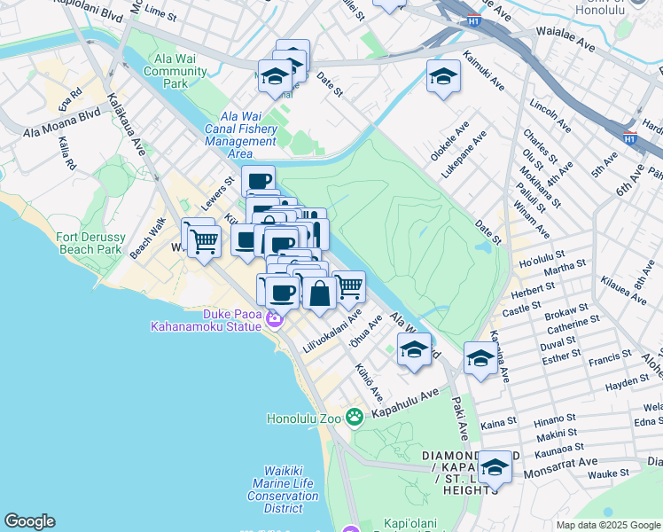 map of restaurants, bars, coffee shops, grocery stores, and more near in Honolulu