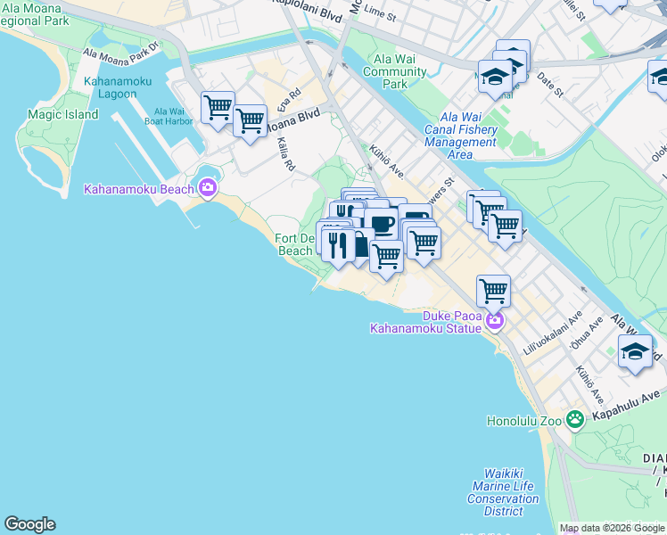 map of restaurants, bars, coffee shops, grocery stores, and more near 2169 Kalia Road in Honolulu