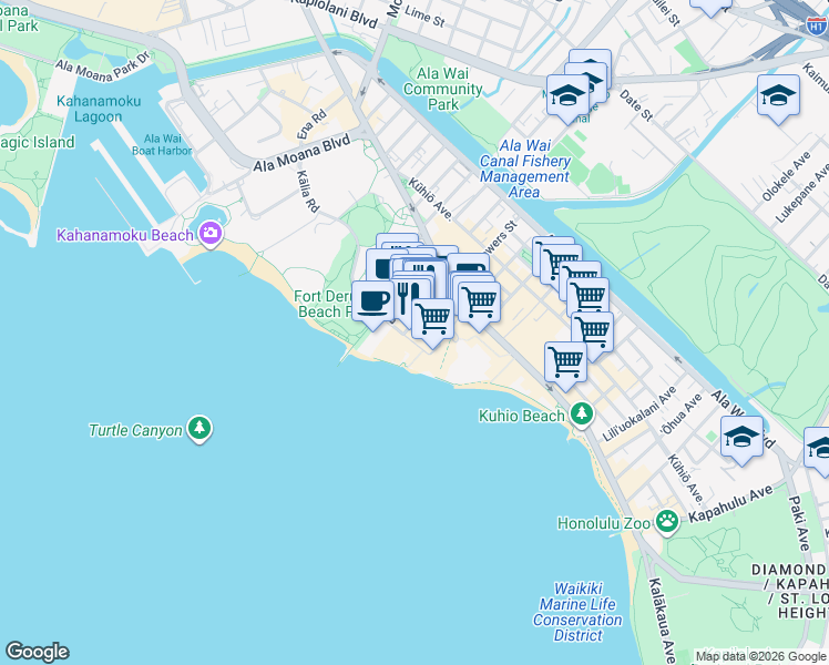 map of restaurants, bars, coffee shops, grocery stores, and more near 226 Lewers Street in Honolulu