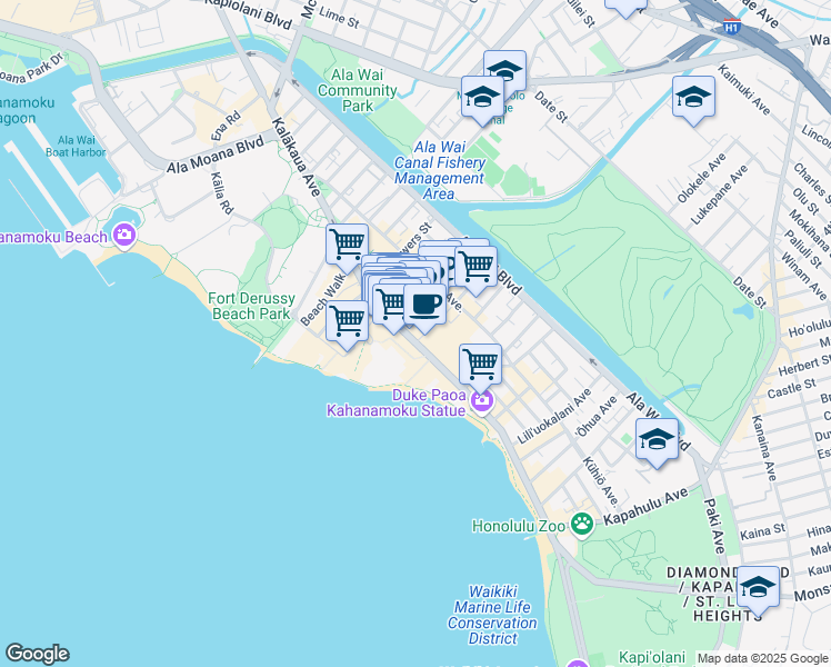 map of restaurants, bars, coffee shops, grocery stores, and more near in Honolulu