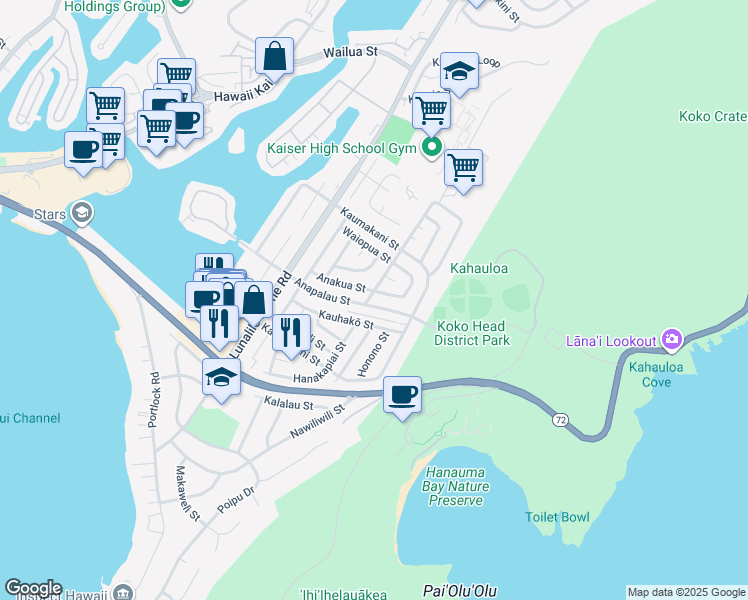 map of restaurants, bars, coffee shops, grocery stores, and more near 310 Kamala Loop in Honolulu