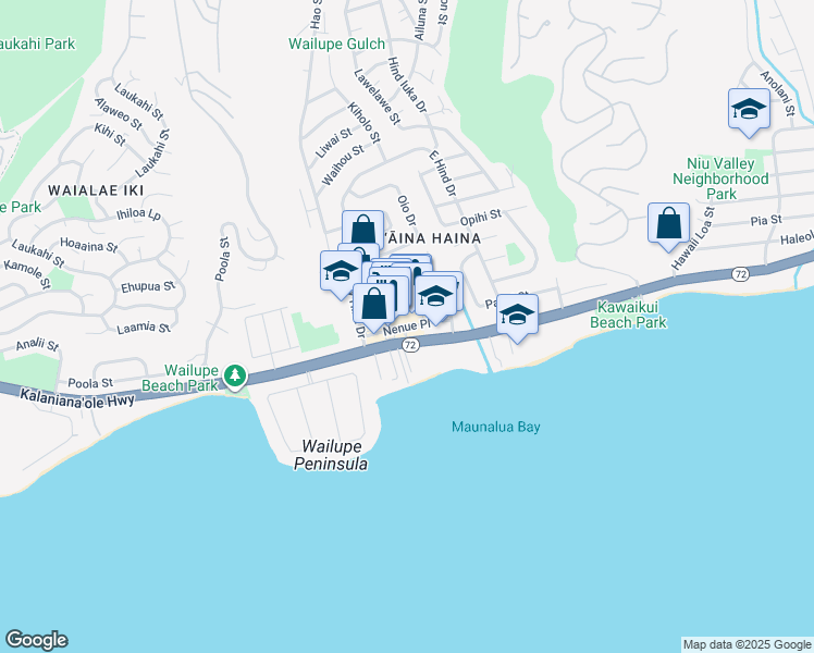 map of restaurants, bars, coffee shops, grocery stores, and more near Nenue Pl in Honolulu