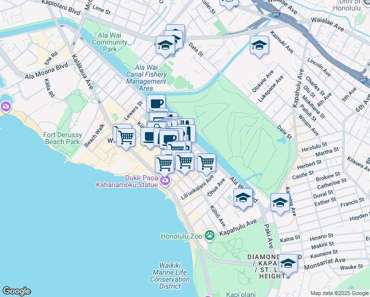 map of restaurants, bars, coffee shops, grocery stores, and more near Beachwalk Street in Waimanalo