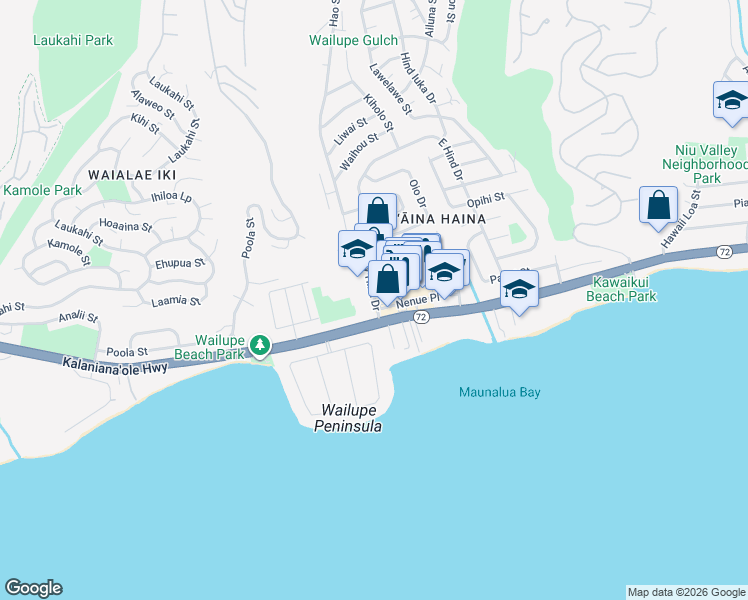 map of restaurants, bars, coffee shops, grocery stores, and more near 5215 Makalena Street in Honolulu