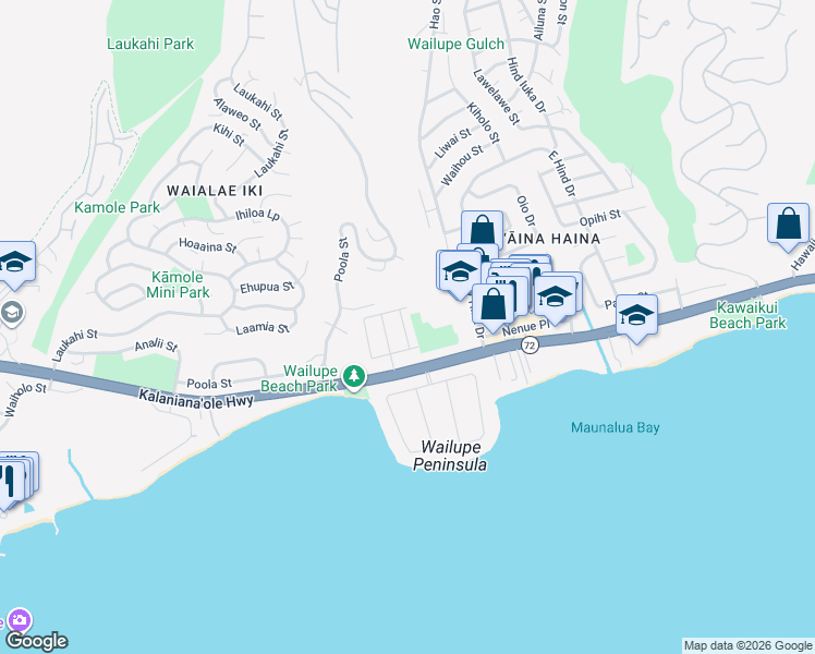 map of restaurants, bars, coffee shops, grocery stores, and more near 5141 Keikilani Circle in Honolulu