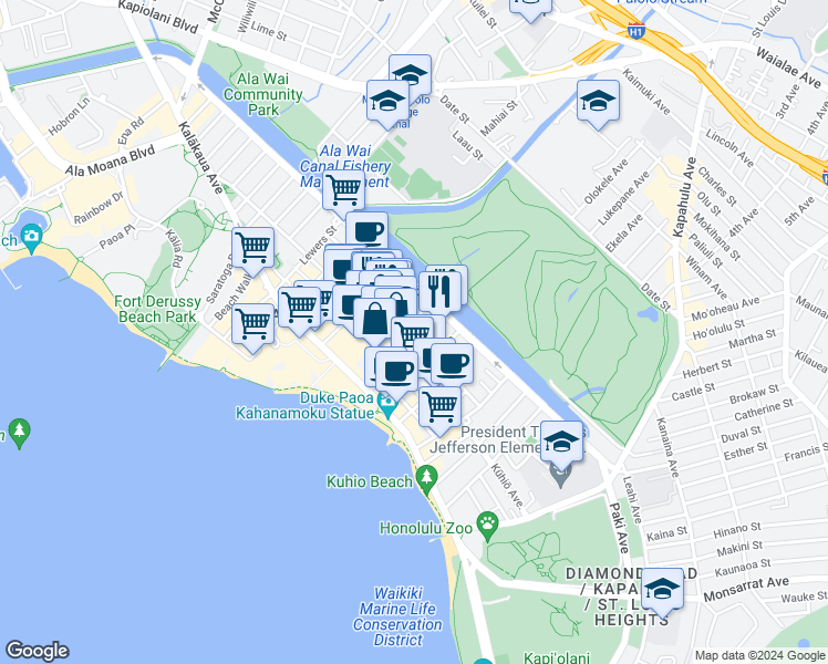 map of restaurants, bars, coffee shops, grocery stores, and more near 435 Walina Street in Honolulu