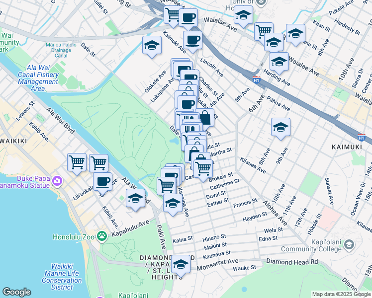 map of restaurants, bars, coffee shops, grocery stores, and more near in Honolulu