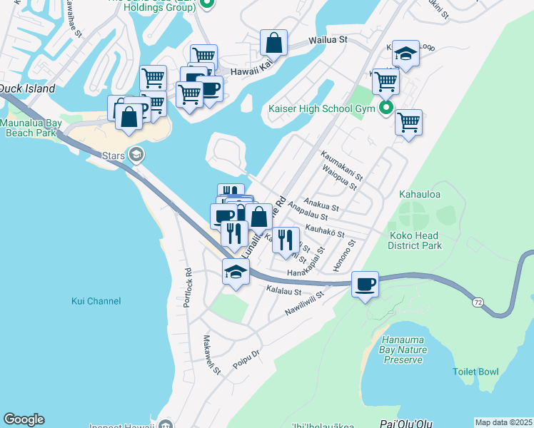 map of restaurants, bars, coffee shops, grocery stores, and more near 303 Lunalilo Home Road in Honolulu