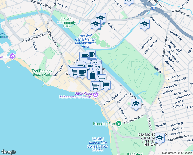 map of restaurants, bars, coffee shops, grocery stores, and more near 2330 Kūhiō Avenue in Honolulu
