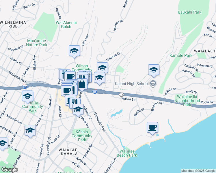 map of restaurants, bars, coffee shops, grocery stores, and more near 4486 Aliikoa Street in Honolulu