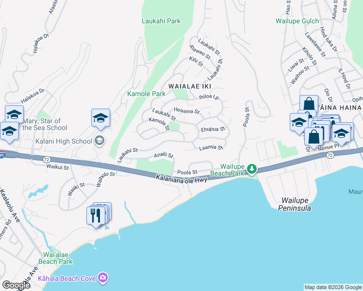 map of restaurants, bars, coffee shops, grocery stores, and more near 1371 Laukahi Street in Honolulu