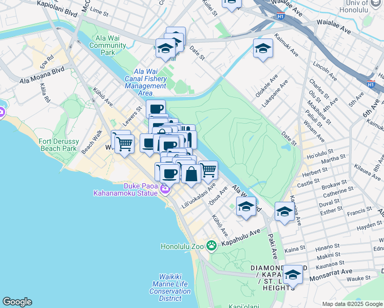 map of restaurants, bars, coffee shops, grocery stores, and more near in Honolulu