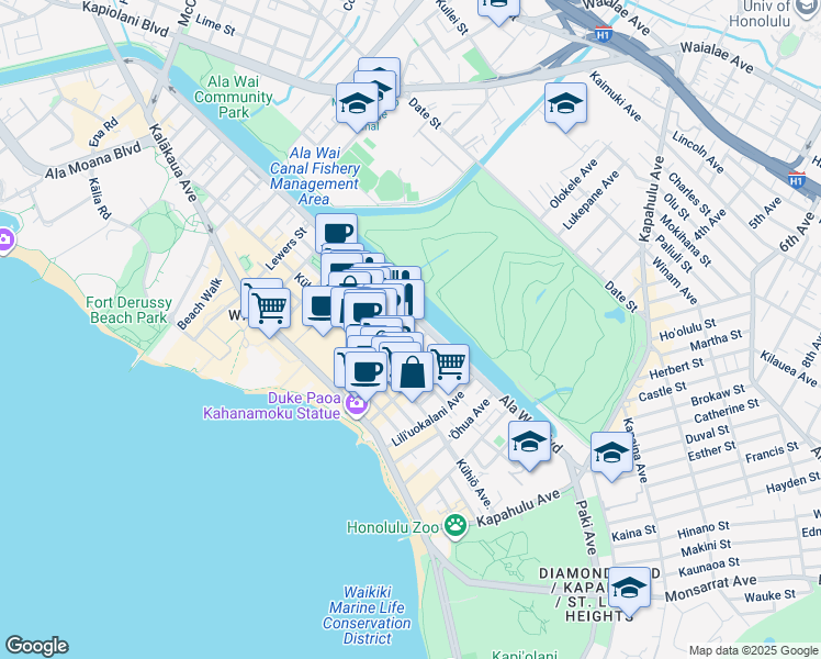 map of restaurants, bars, coffee shops, grocery stores, and more near 2375 Ala Wai Boulevard in Honolulu