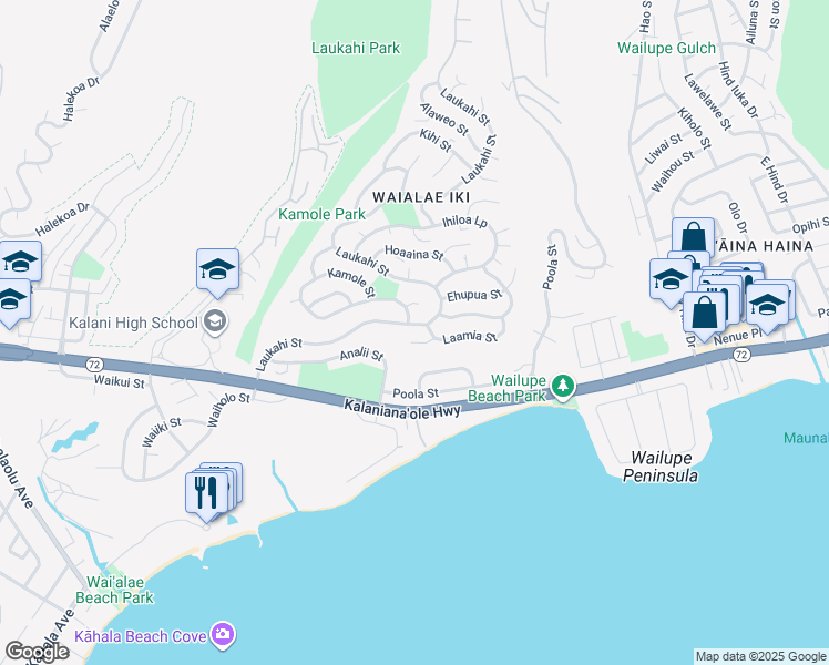 map of restaurants, bars, coffee shops, grocery stores, and more near 1409 Laukahi Street in Honolulu
