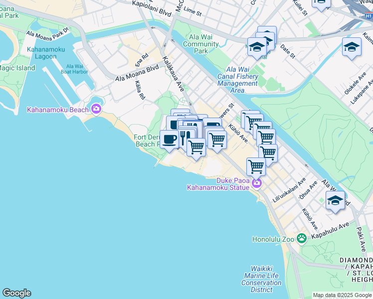 map of restaurants, bars, coffee shops, grocery stores, and more near 226 Lewers Street in Honolulu