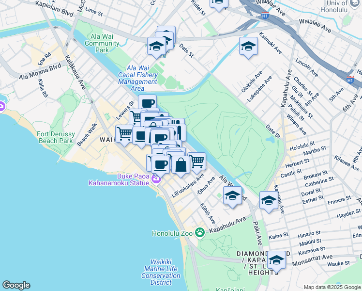 map of restaurants, bars, coffee shops, grocery stores, and more near 2375 Ala Wai Boulevard in Honolulu