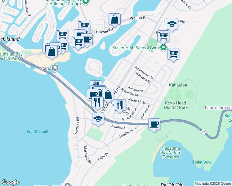 map of restaurants, bars, coffee shops, grocery stores, and more near 303 Lunalilo Home Road in Honolulu