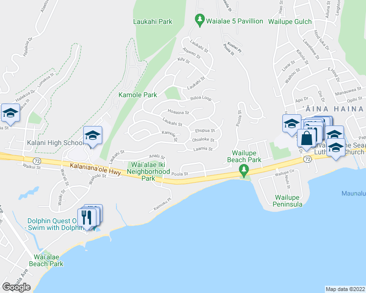 map of restaurants, bars, coffee shops, grocery stores, and more near 1417 Laukahi Street in Honolulu