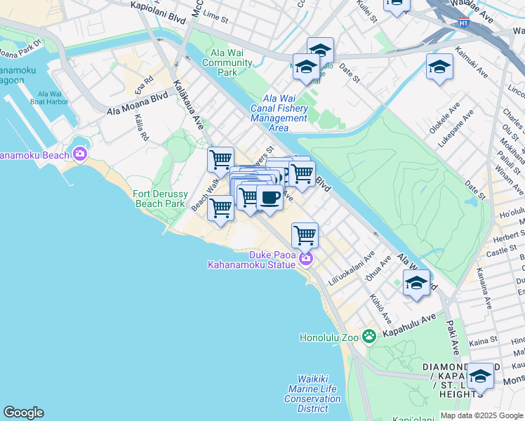 map of restaurants, bars, coffee shops, grocery stores, and more near in Honolulu