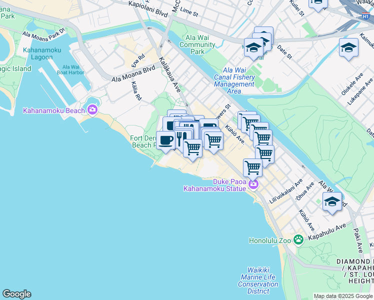 map of restaurants, bars, coffee shops, grocery stores, and more near 226 Lewers Street in Honolulu