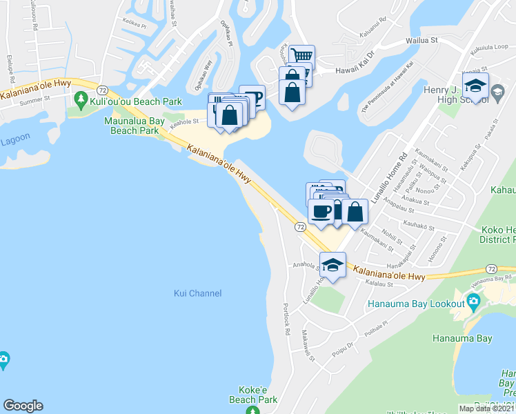 map of restaurants, bars, coffee shops, grocery stores, and more near 7017 Kalanianaʻole Highway in Honolulu