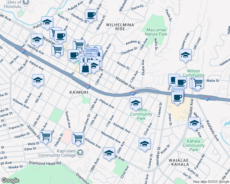 map of restaurants, bars, coffee shops, grocery stores, and more near 3820 Harding Avenue in Honolulu