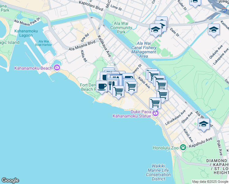 map of restaurants, bars, coffee shops, grocery stores, and more near 226 Lewers Street in Honolulu
