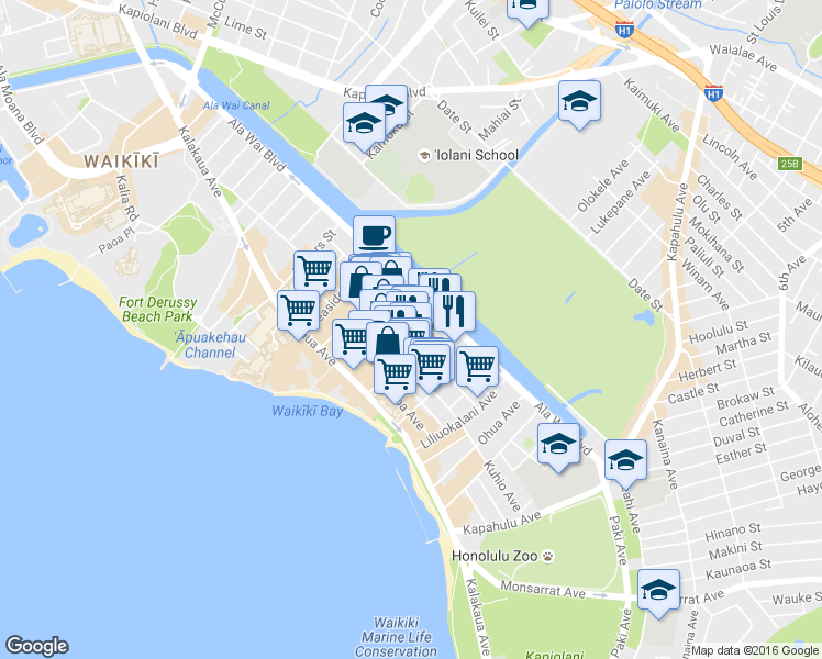 map of restaurants, bars, coffee shops, grocery stores, and more near 435 Walina Street in Honolulu